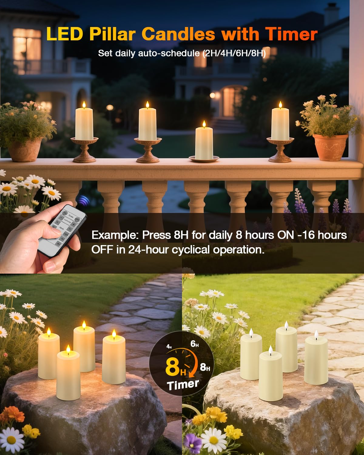 Yme Rechargeable Flameless Pillar Candles with Remote & Magnetic Charging Base, 4PCS Waterproof LED Flickering Candles with Timer for Indoor Outdoor