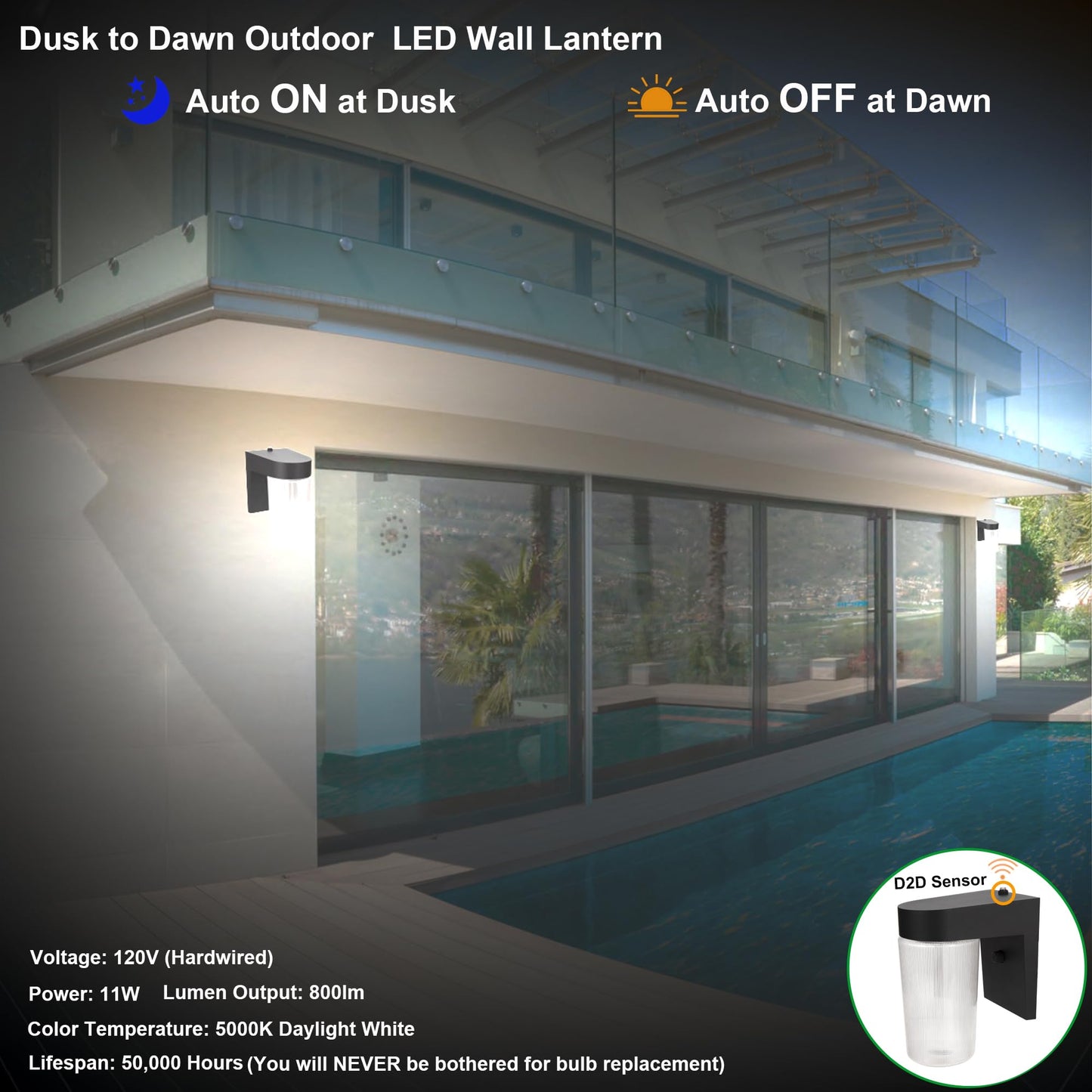 LIT-PaTH Dusk to Dawn Outdoor Wall Lantern, LED Jelly Jar Light, 11W 800 Lumens, 5000K Daylight White, Aluminum Housing Plus Clear Shade, Matte Black