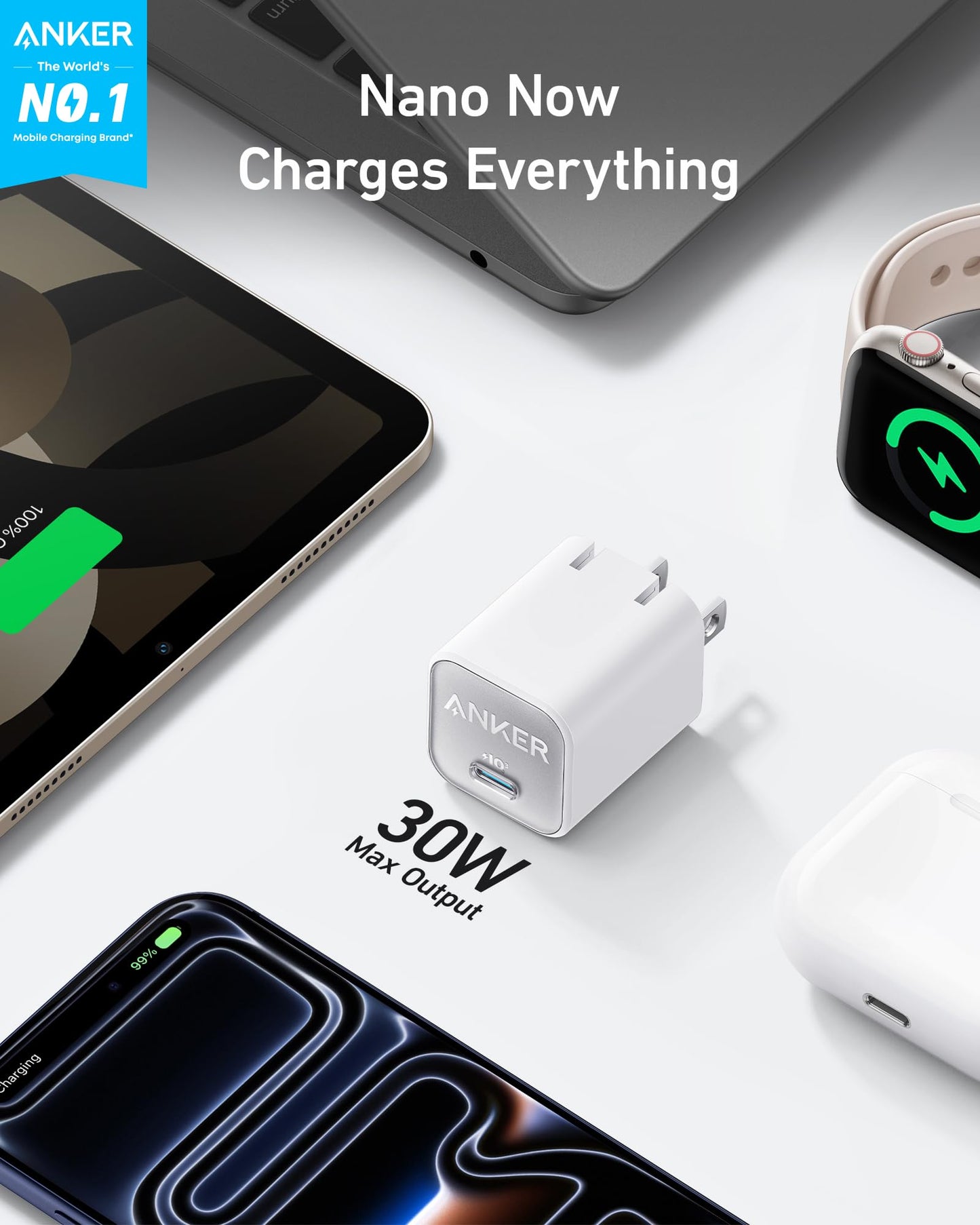 Anker Nano Phone Charger, USB C GaN Charger 30W, PIQ 3.0 Foldable PPS Fast Charger USB C for iPhone 17 / 16 and more series, Galaxy, iPad, Compatible