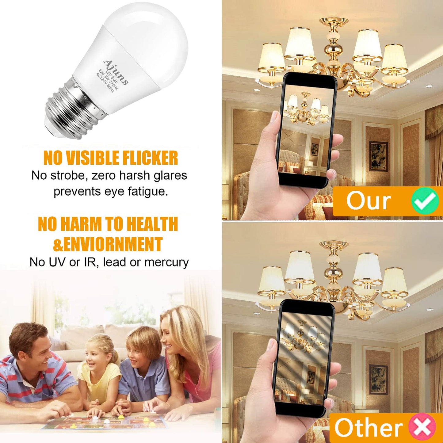 Ajuns LED 3W 25 Watt Light Bulbs Equivalent, 120V Ceiling Fan Light Table Lamp Bulb Warm White 2700K LED Energy Saving Light E26 Base, Suitable