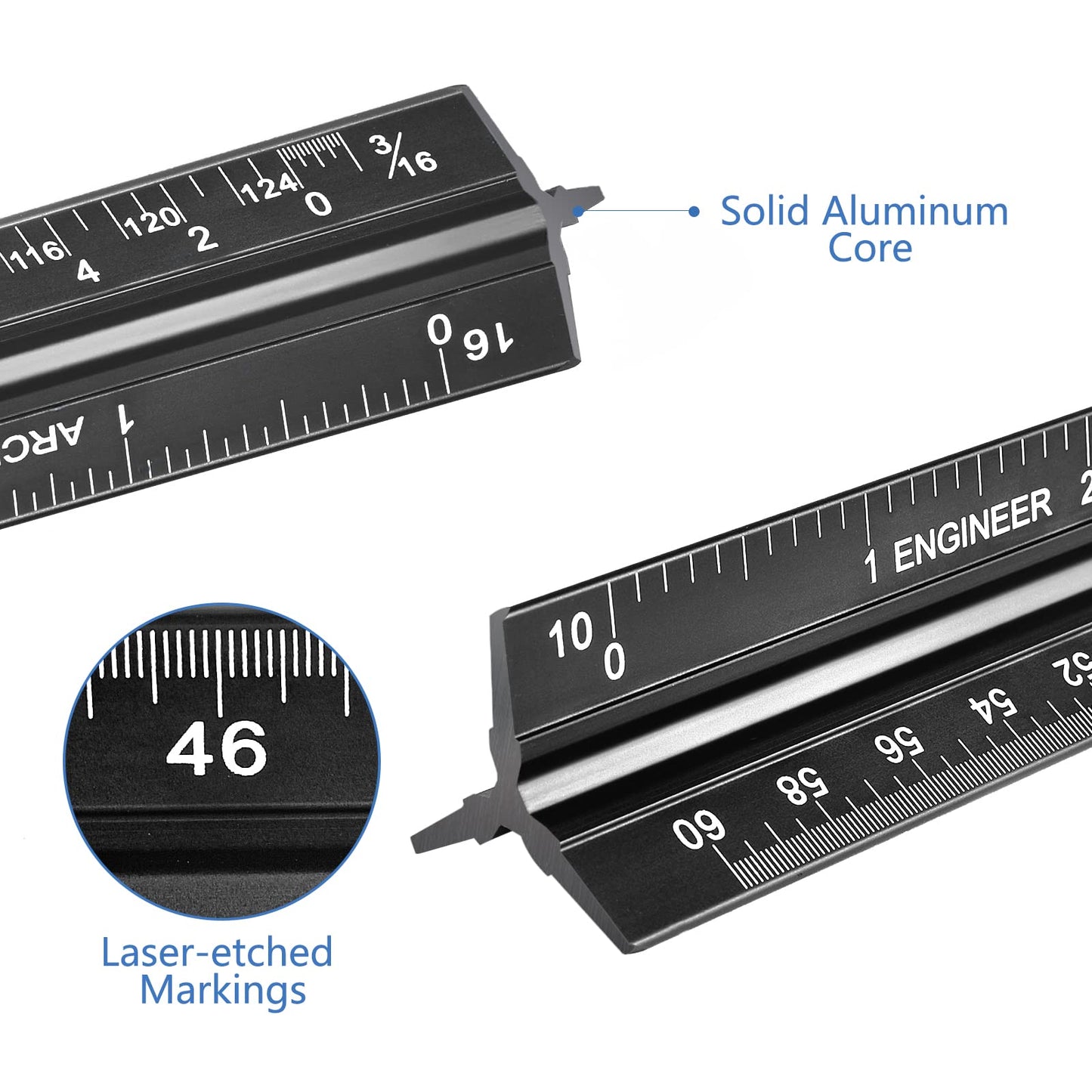 Architectural&Engineering Triangular Scale Ruler, 12 Inch Architectural Scale Ruler Set, Laser-Etched Aluminum with Stainless Steel Ruler