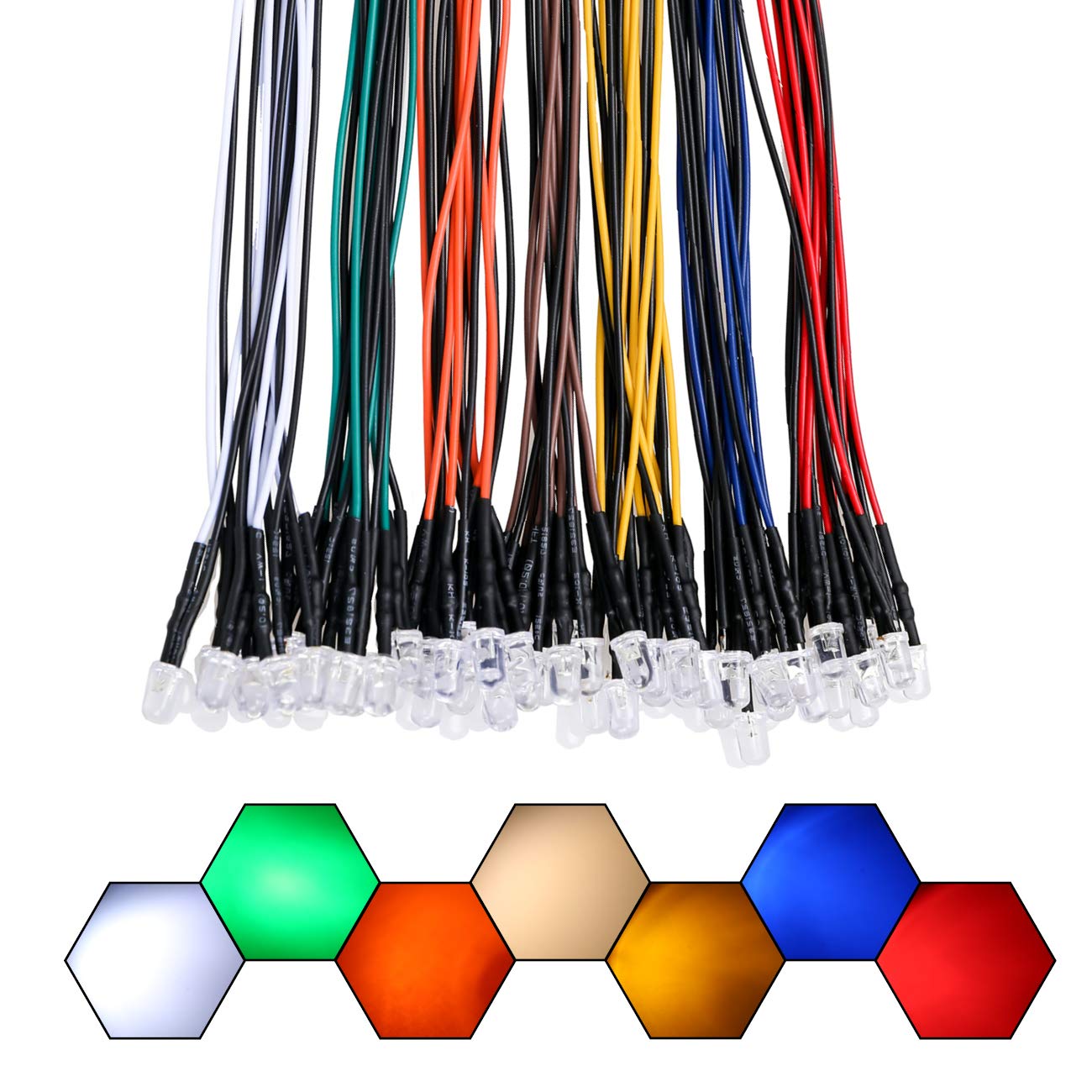 EDGELEC 56pcs (7 Colors x 8pcs) 12 Volt LED Lights Emitting Diodes Pre Wired DC 12v 5mm LED Assorted Kit Clear Lens- White Warm-White Red Yellow Green