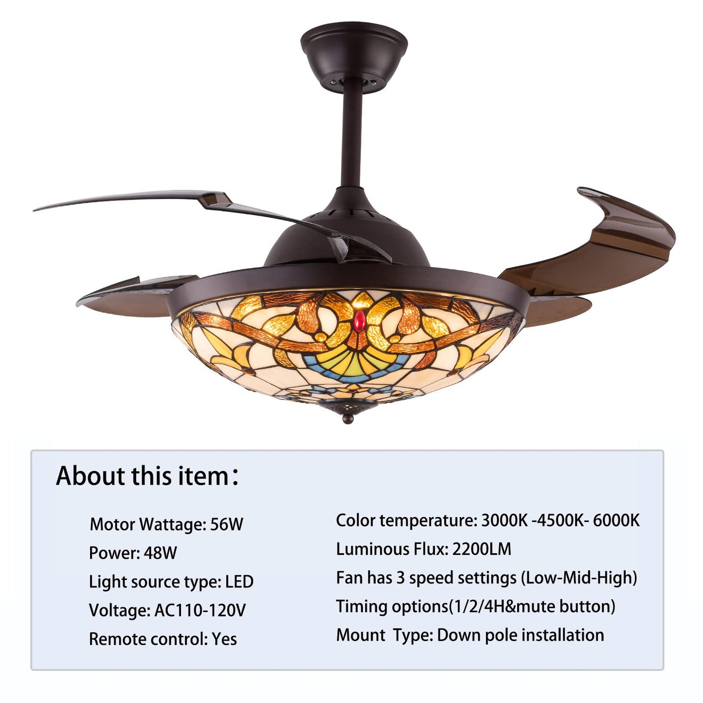 42 Inch Ceiling Fan with Light Classic LED Chandelier Remote Control Retractable Blades 3 Speeds 3 Light Changes Pendant Light, Silent Motor