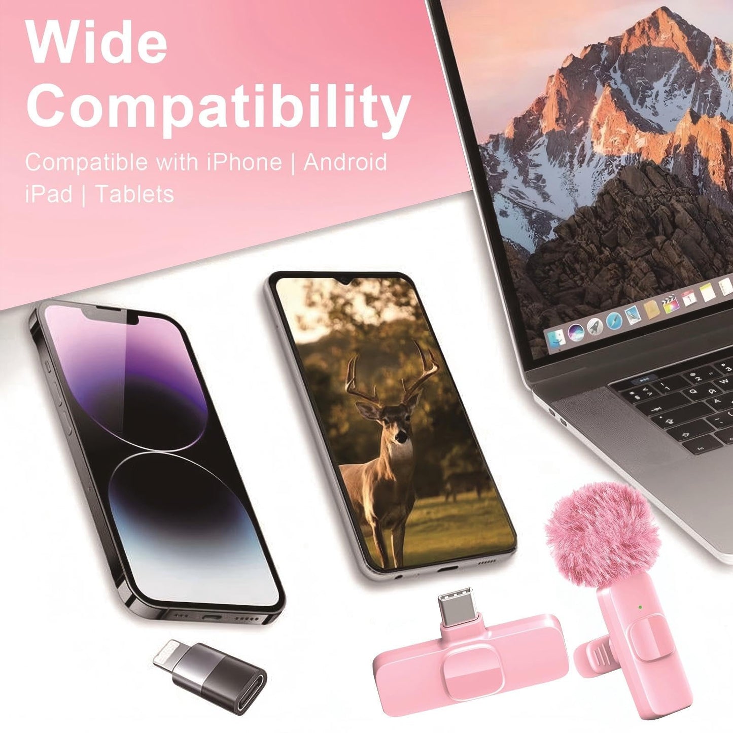 Pink Mini Wireless Microphone, Professional Lavalier Lapel Mic with USB-C & Lightning for iPhone, iPad, Android, iPhone Mic for Crystal Clear