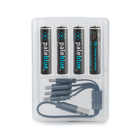 paleblue USB Rechargeable AAA Lithium Batteries, 1 Hour Charge Time, Recharge Over 1000 Times, 600 mAh, 4-in-1 USB-A to USB-C Charging Cable, 4 Pack