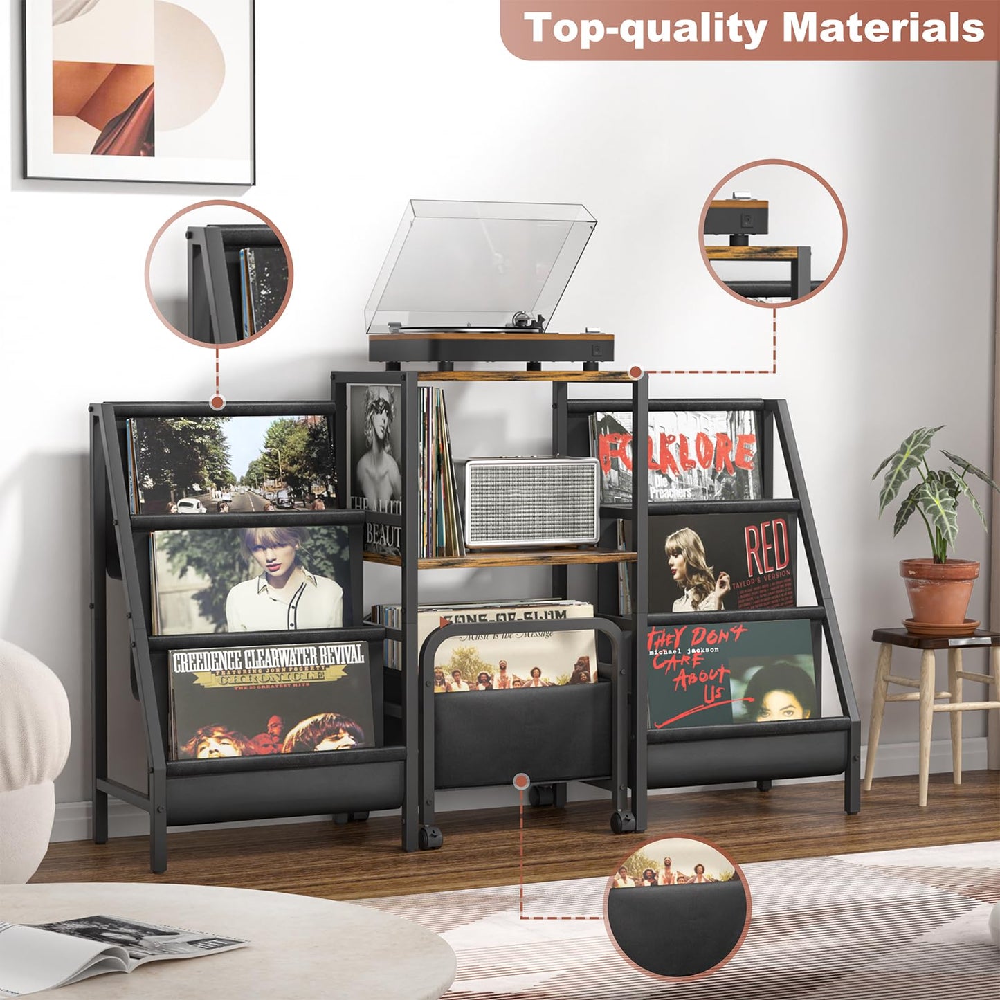 Tewinko Record Player Stand with Vinyl Storage Cart, Record Player Table with Record Storage 200 Albums, Turntable Stand with Record Holder Vinyl