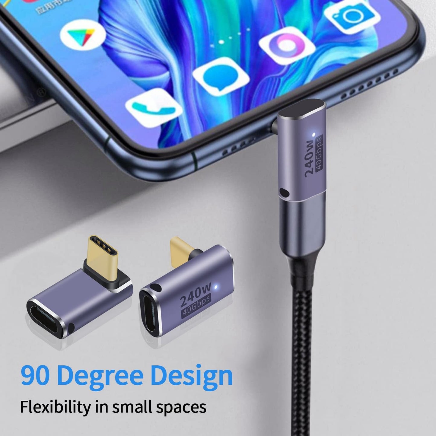 USB C 90 degree, Right Angle Adapter,USB C Female to Female Adapter240W PD, 40Gbps and 8K video]supports Thunderbolt 4/3 cable for laptops, tablets…