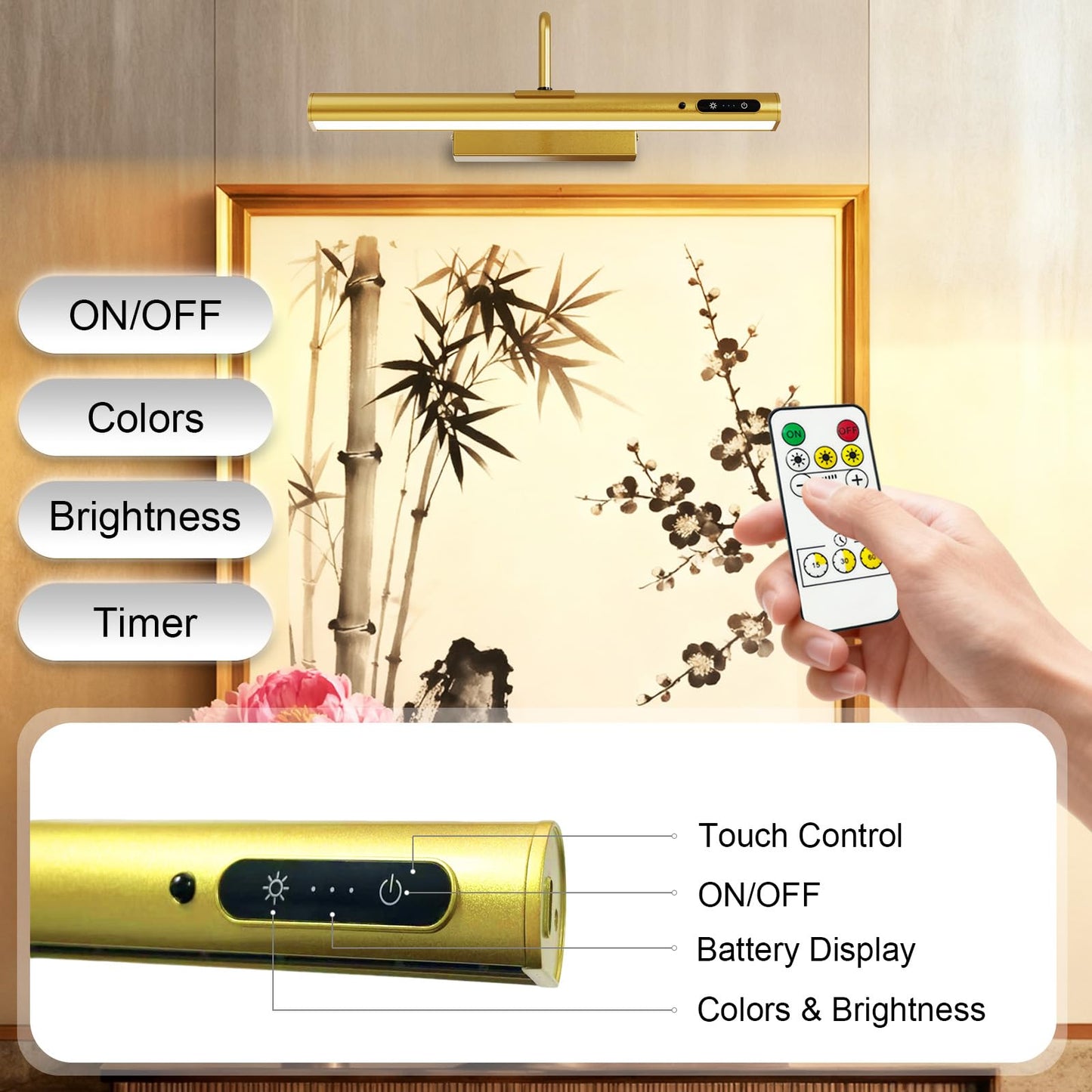 Picture Lights Wall Battery Operated, 14" 6000mAh Rechargeable Display Light with Remote/Rotatable/Dimmable/3CCT Magnetic Wireless Lamp