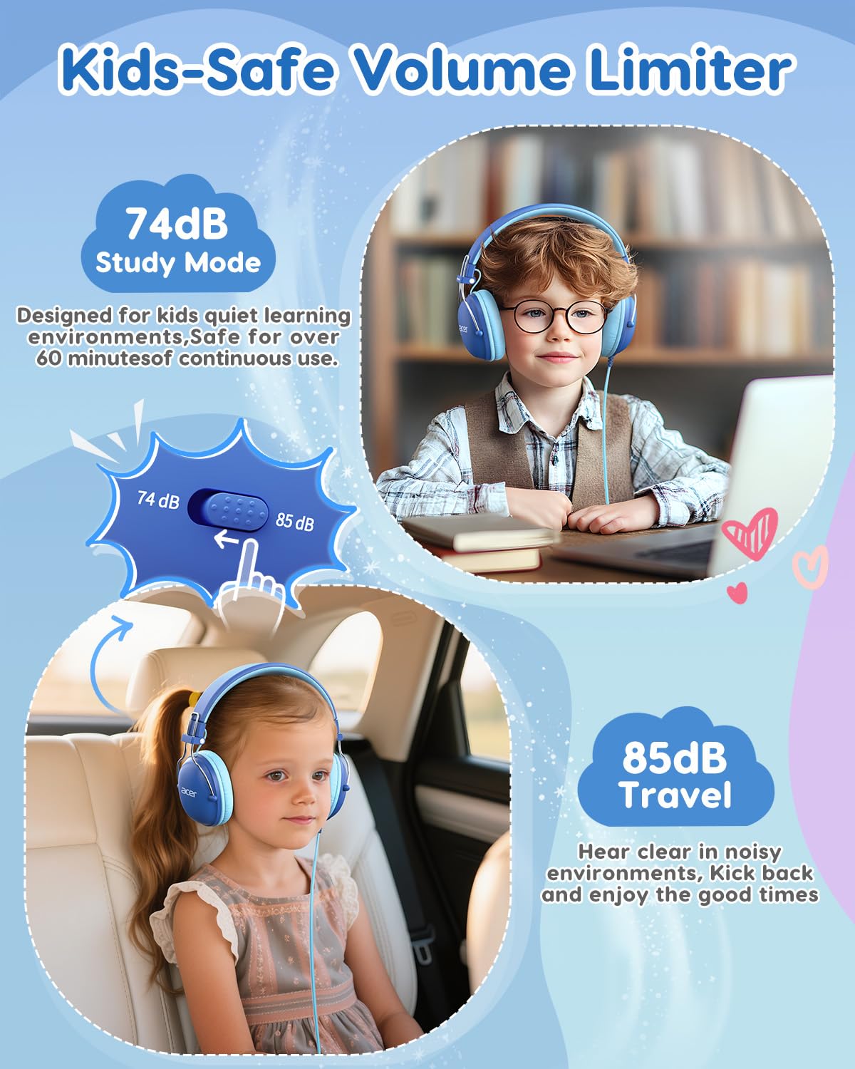 Acer Kids Headphones for School, 74/85dB Safe Volume, Kids Headphones with Cord, 3.5mm Jack, Stereo Sound Wired On-Ear Headphones for Airplane Travel