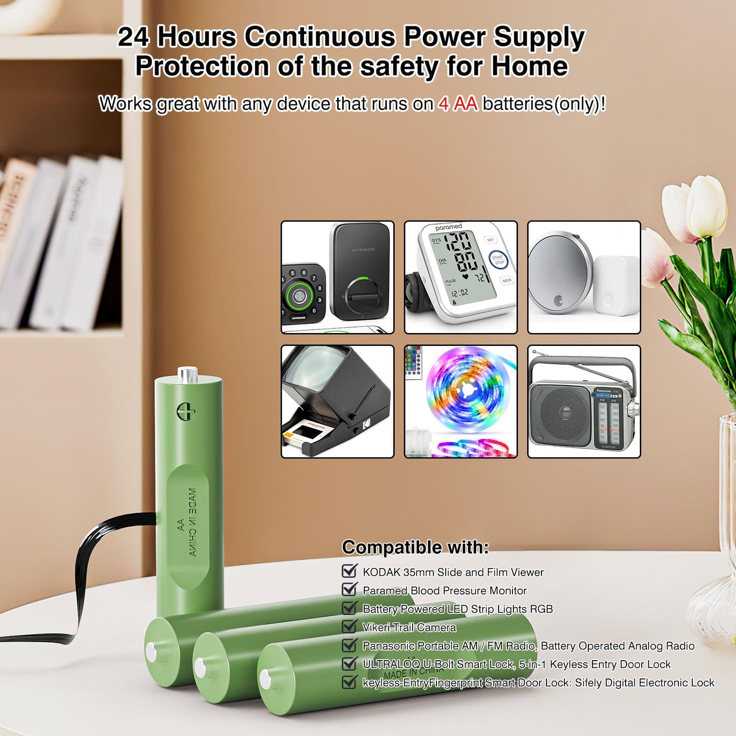 AC-Powered AA Battery Adapter (Replaces 4 AA Only) Compatible with August Smart Lock/Paramed Blood Pressure Monitor/Vikeri Trail Camera/ULTRALOQ…