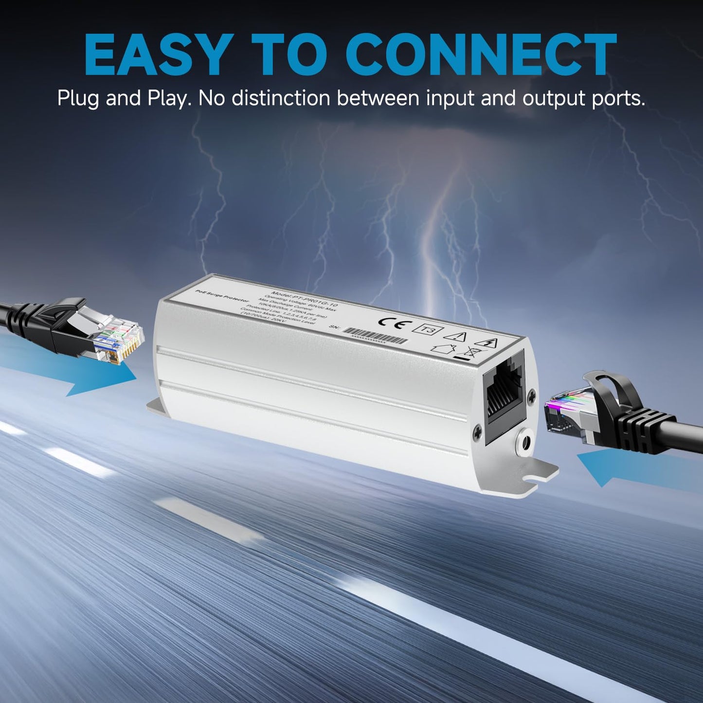 PROCET Ethernet Surge Protector Gigabit - 20KV Industrial Lightning Arrestor for -40°F to 185°F, 120Wmax 10 Gbps PoE++ RJ45 Surge Protector, Gas