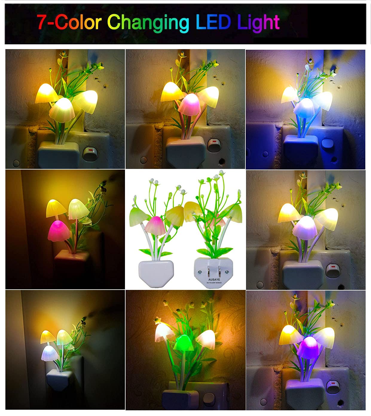 AUSAYE 4Pack Sensor LED Plug in Night Light for Adults Kids , Color Changing Cute Mushroom Flower Wall Lamp