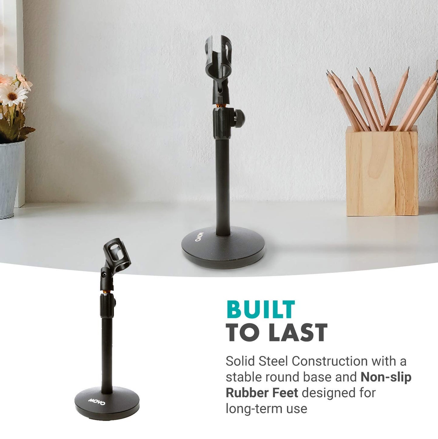 Movo TMC-3 Small Adjustable Table Mic Stand with Round Base and Universal Mic Clip. Table Top Mic Stand Height is Adjustable with Weighted Base Sits