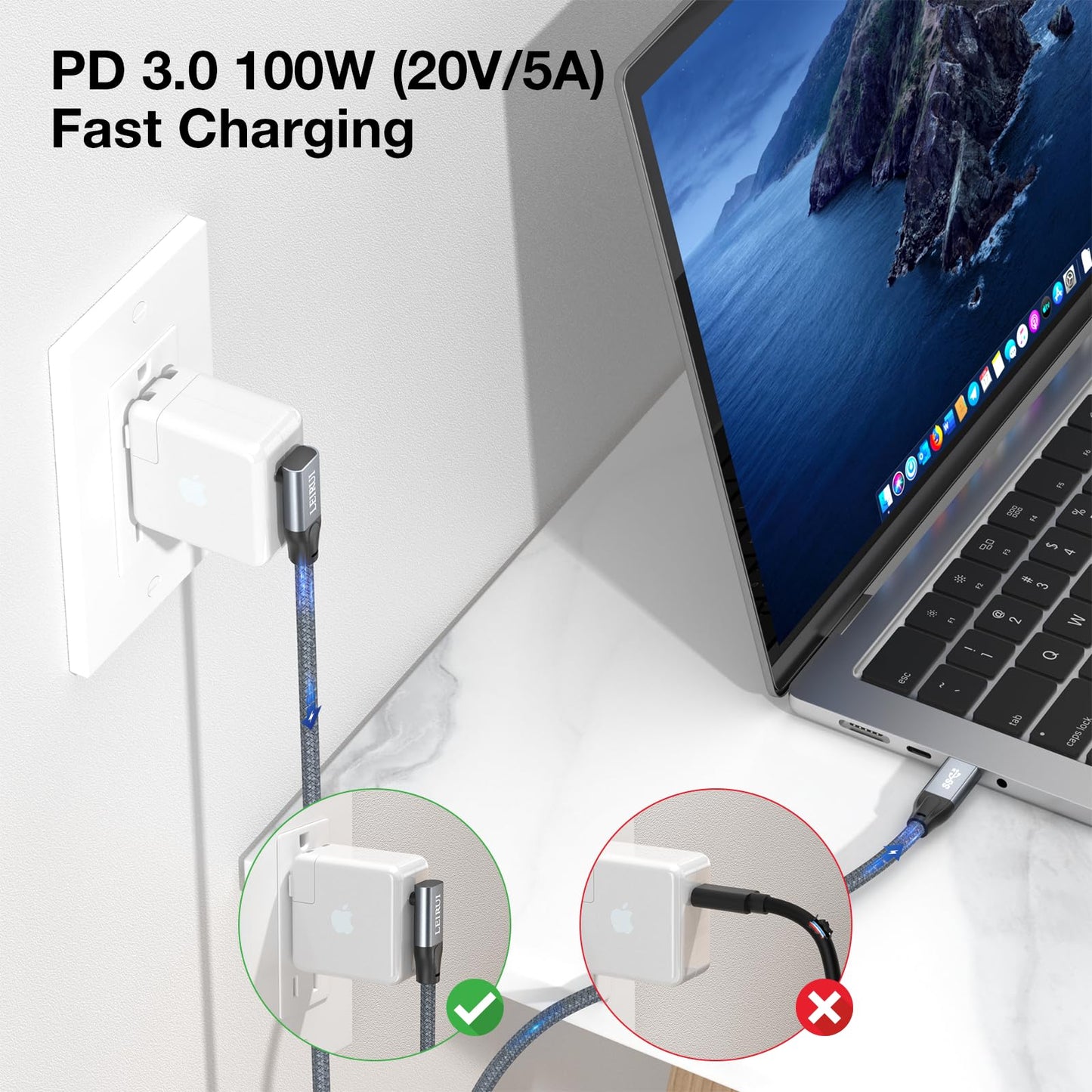 USB C to USB C Cable Right Angle 20Gbps Data Transfer 4K@144Hz/60Hz Video Cable 100W Fast Charging High Speed 90 Degree USB C 3.2 Gen2x2 Compatible