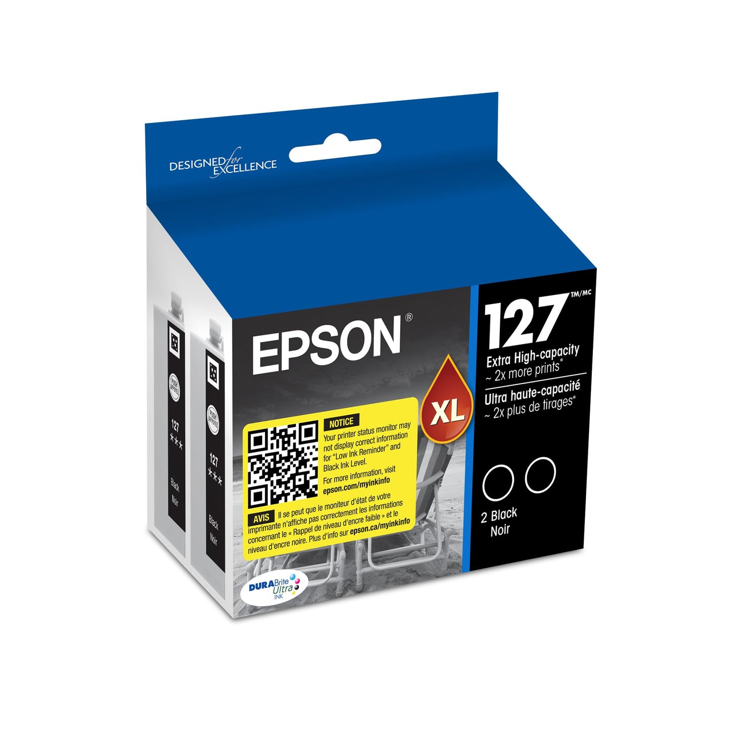 EPSON 127 DURABrite Ultra Ink Black Dual Cartridge Pack For NX-530, 625, WF-3520, 3530, 3540, 545, 60, 630, 633, 635, 645, 7010, 7510, 7520, 840, 845