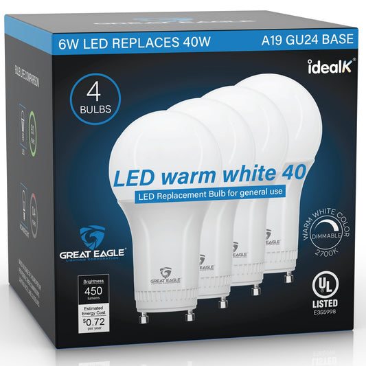 Great Eagle Dimmable LED Light Bulbs, GU24 40 Watt Equivalent, 2700K Warm White A19, 2 Prong Twist-in Light Bulb, 6W 450 Lumens 120V 60Hz, CFL