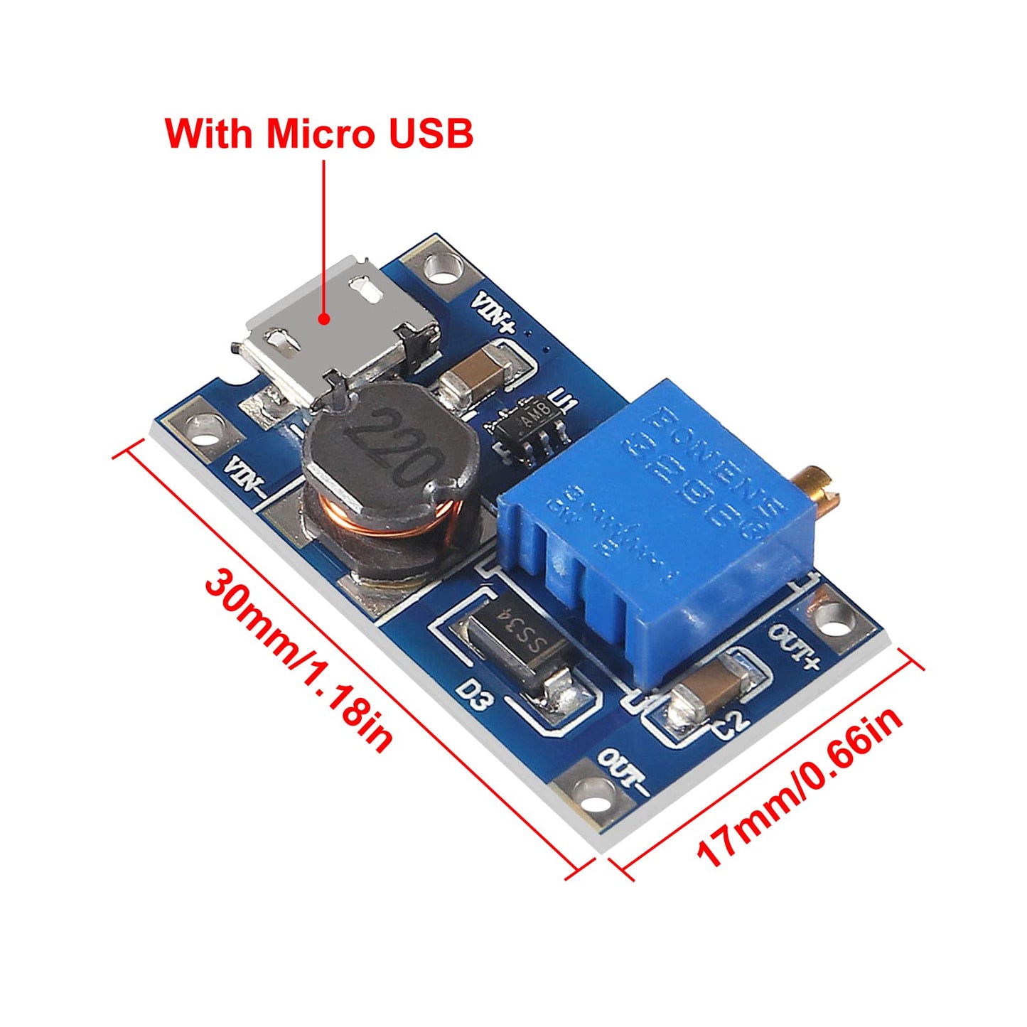 QCCAN 12Pcs MT3608 DC-DC Step Up Converter Adjustable Power Supply Booster Module Voltage Regulator MAX Output 28V 2A (MT3608 with USB)