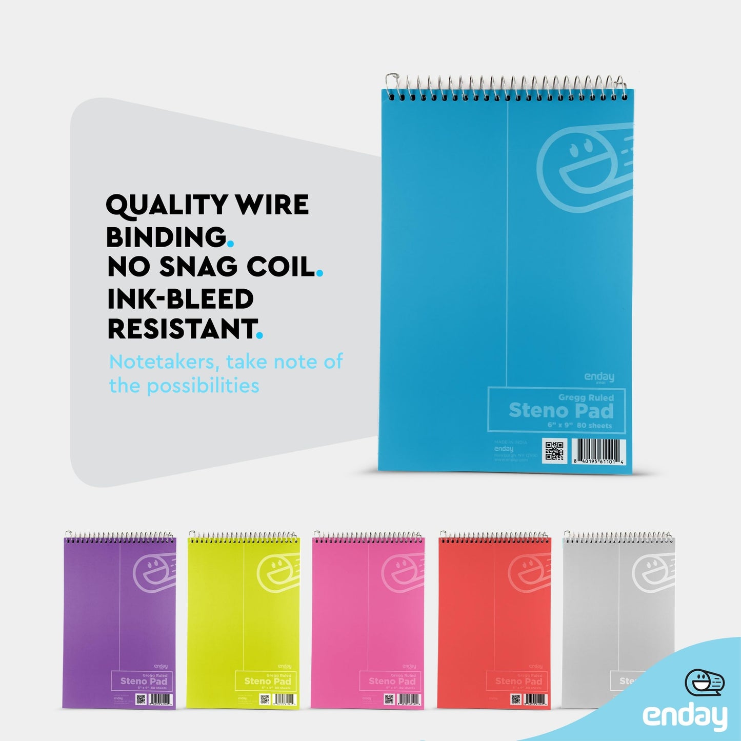 Enday Steno Pads Spiral 6 x 9 inches, Gregg Rule White Paper, 80 Sheets Steno Notebook for writing in Pink, Purple, Green, Blue, Red, Grey, Color May