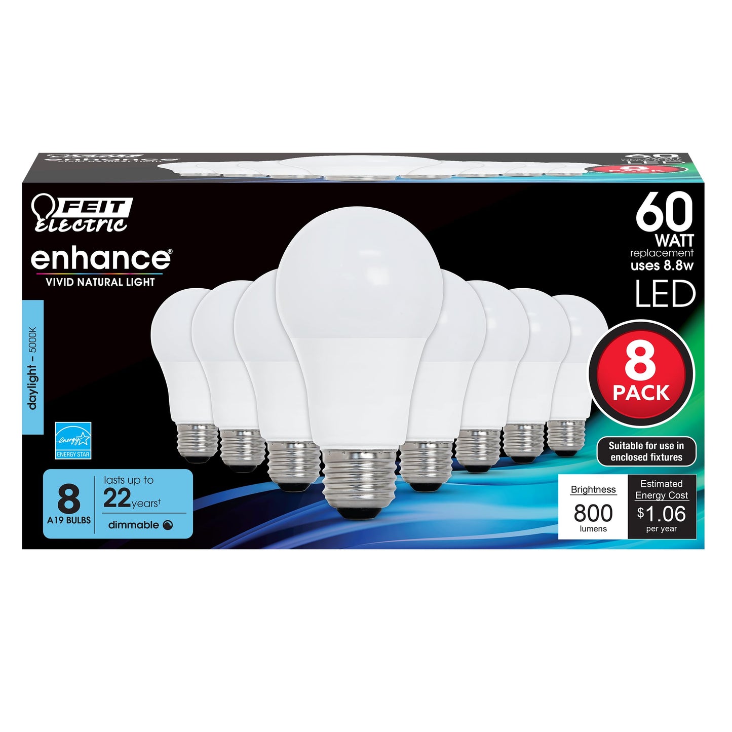 Feit Electric A19 LED Light Bulbs, 60W Eq, Dimmable, Daylight 8 Pack
