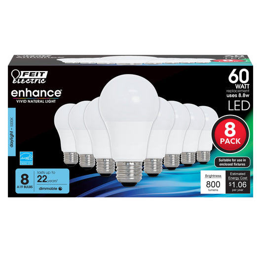 Feit Electric A19 LED Light Bulbs, 60W Eq, Dimmable, Daylight 8 Pack