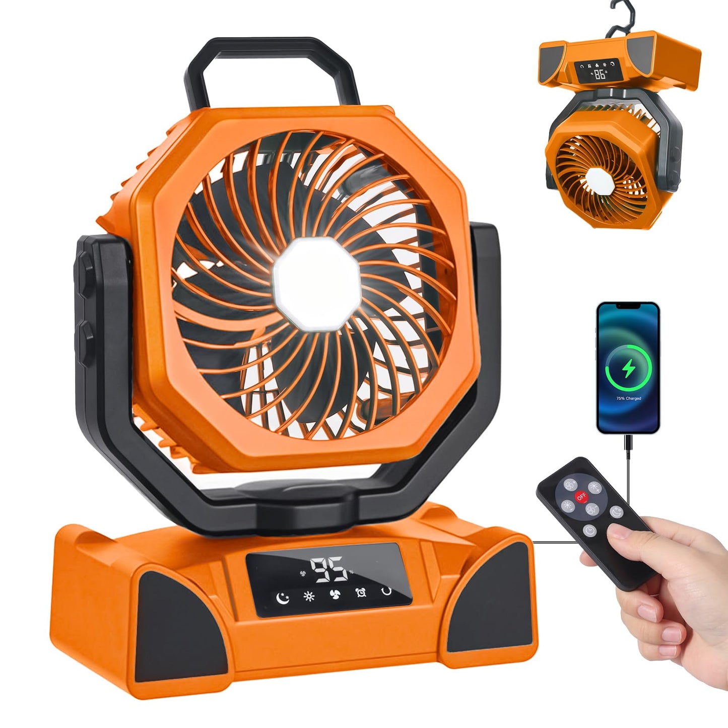 Portable Camping Fan, 20000mAh Rechargeable Battery Operated with LED Light