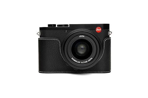 Leica Q2 Camera Case, BolinUS Handmade Genuine Real Leather Half Camera Case Bag Cover for Leica Q2 Camera Bottom Opening Version + Hand Strap (Black)