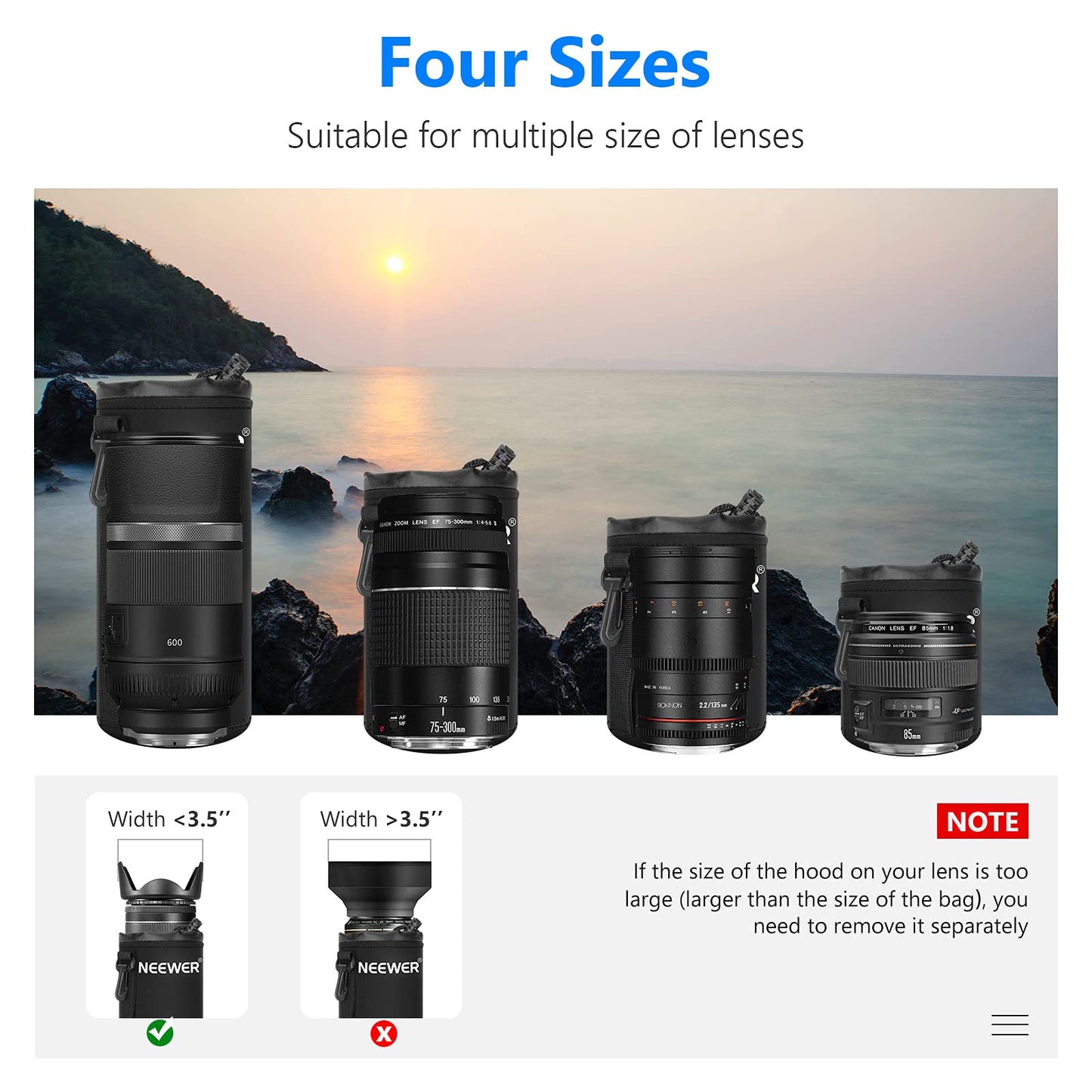 Neewer 4X Lens Case Lens Pouch Bag with Thick Protective Neoprene for DSLR Camera Lens (Fit for Canon, Nikon, Sony, Olympus, Panasonic) Includes