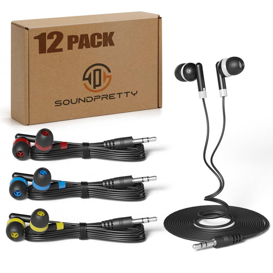 SP SOUNPRETTY 12 Pack Classroom Earbuds in Bulk - 4ft Tangle-Free Cord, 4 Colors, 85dB Safe Volume Headphones for School, Chromebook, Tablet…