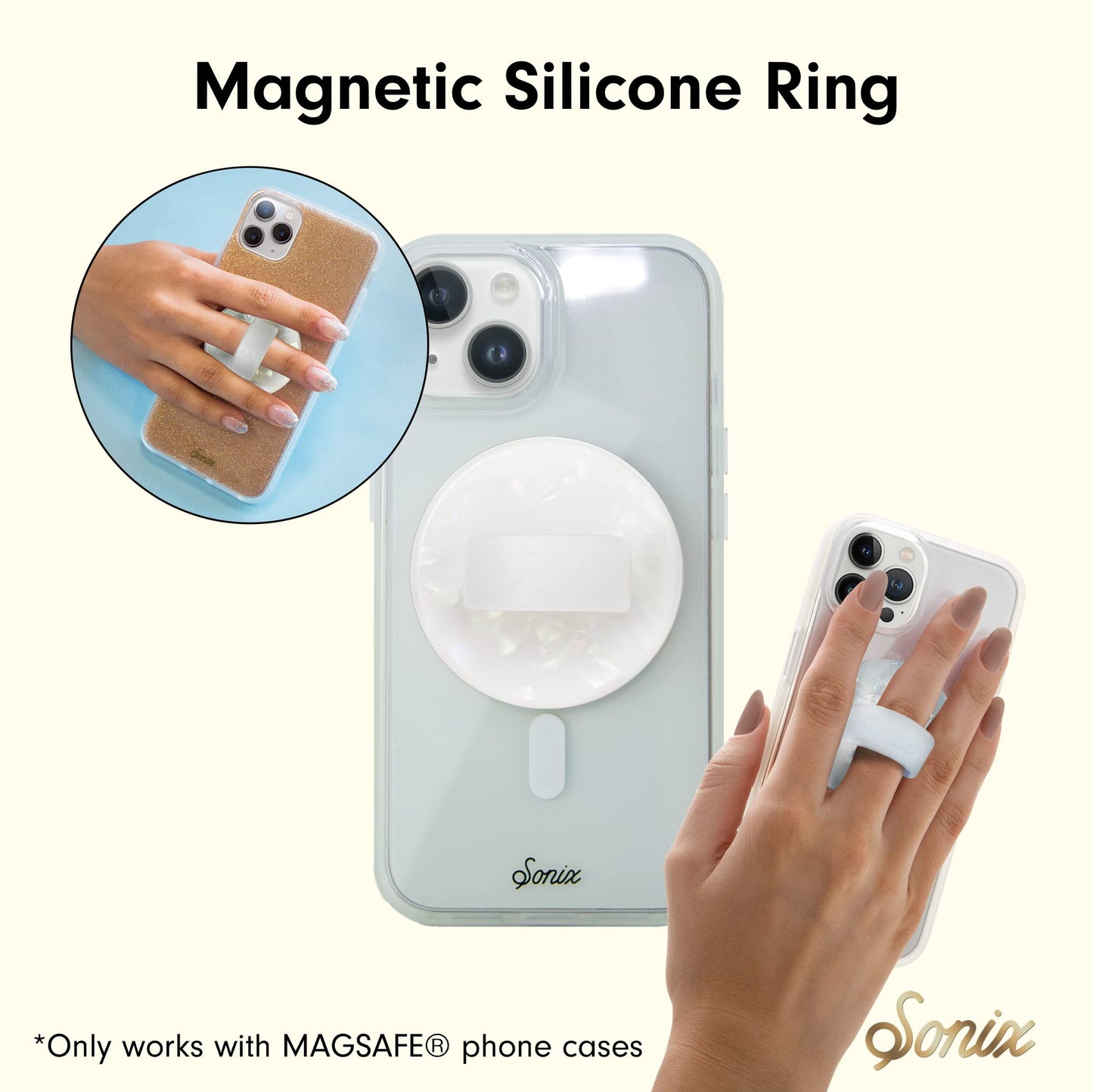 Sonix Magnetic Phone Grip, MagSafe Silicone Ring Loop Grip - Detachable Holder for Hand, Soft MagSafe Grip | White Pearl Tort
