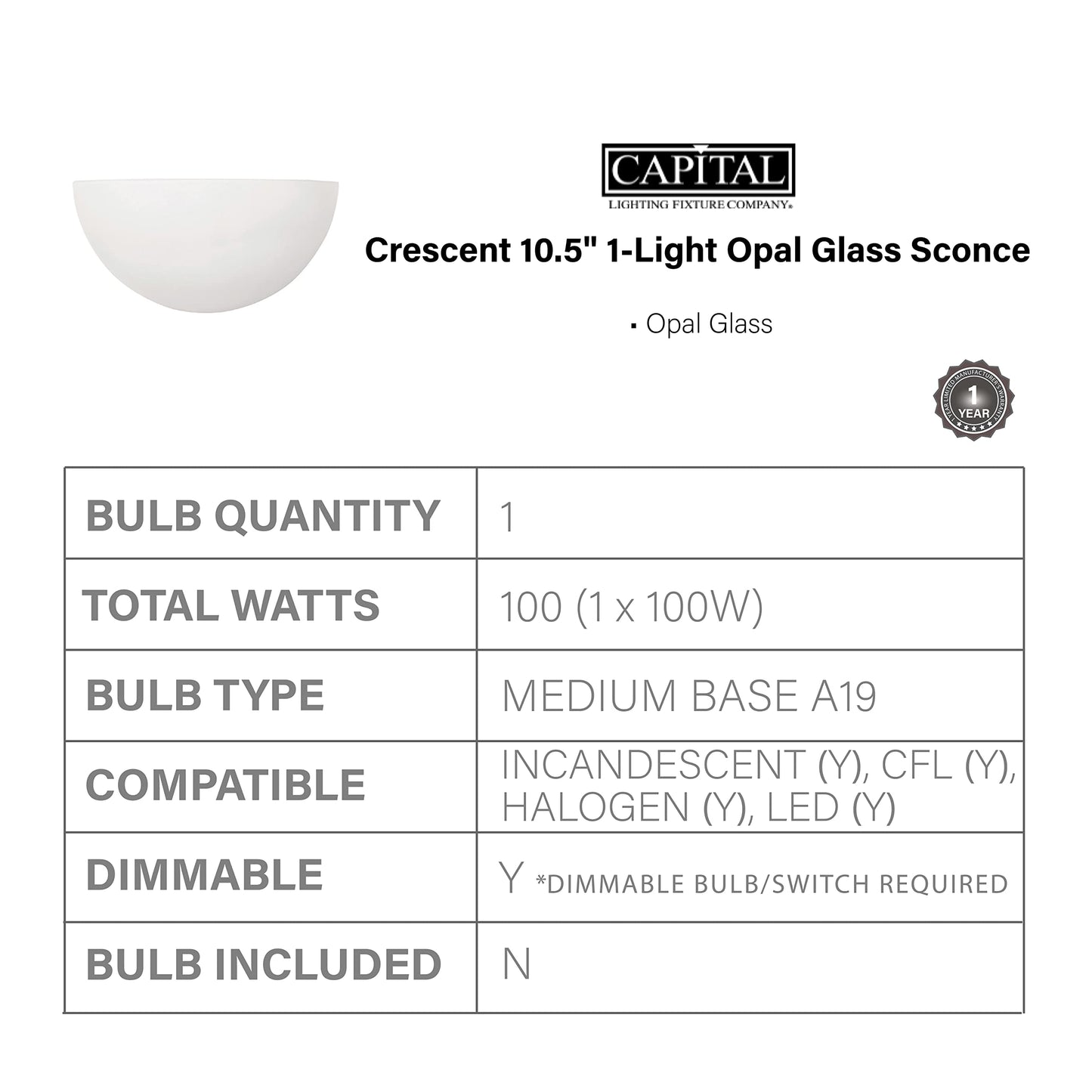 Capital Lighting 1680MW Crescent Opal Glass Wall Sconce, 1-Light 100 Watt, 5" H x 11" W, Matte White