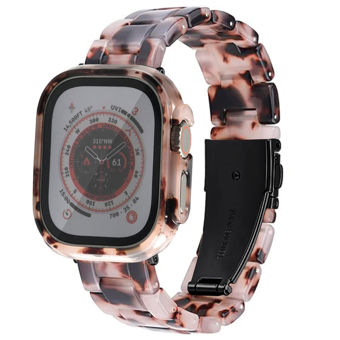Omter Band with Case Compatible with Apple Watch 49mm Ultra 3 2 1,Women Men Fashion Resin Strap Bumper for iWatch Ultra(Black Tortoise Stone)