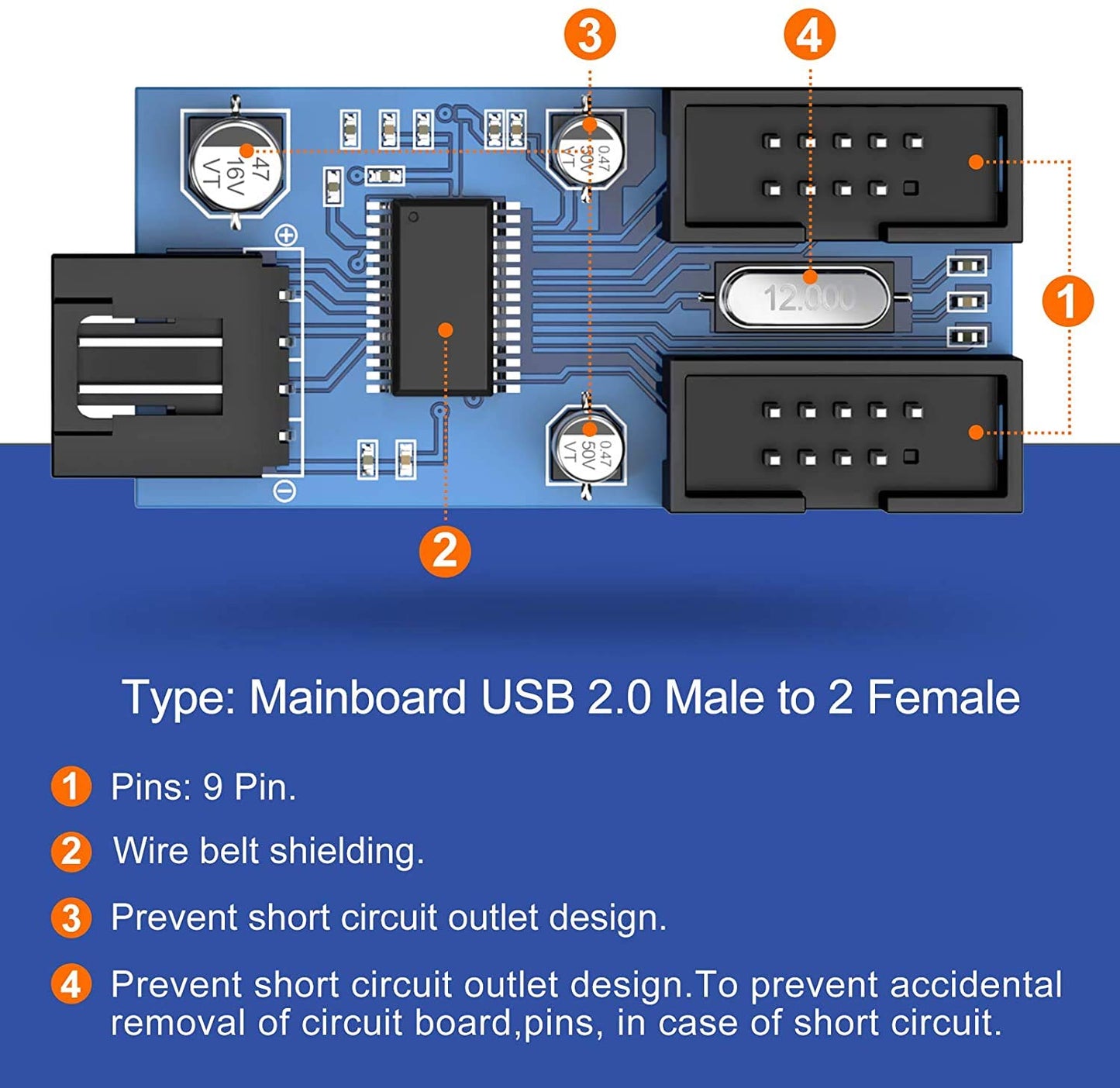 Kowlone Motherboard 9 Pin USB Header Splitter, Male 1 to 4 Female Extension Splitter Cable Desktop Card PCB Board 9-Pin USB 2.0 HUB Connector Adapter