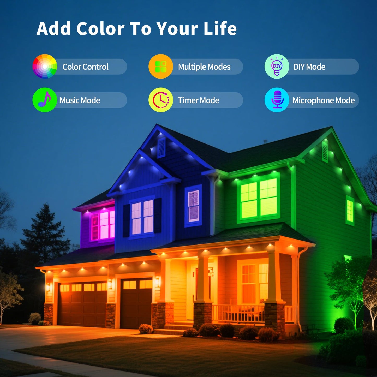 GIOIGOO 100ft Dynamic Smart RGB LED Permanent String Lights App Remote Color Sync Waterproof Outside House Lights Outdoor Transform Backyard Parties