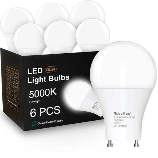 Ruboffcs 6 Packs GU24 LED Light Bulbs,Daylight 5000K,Efficient 9W
