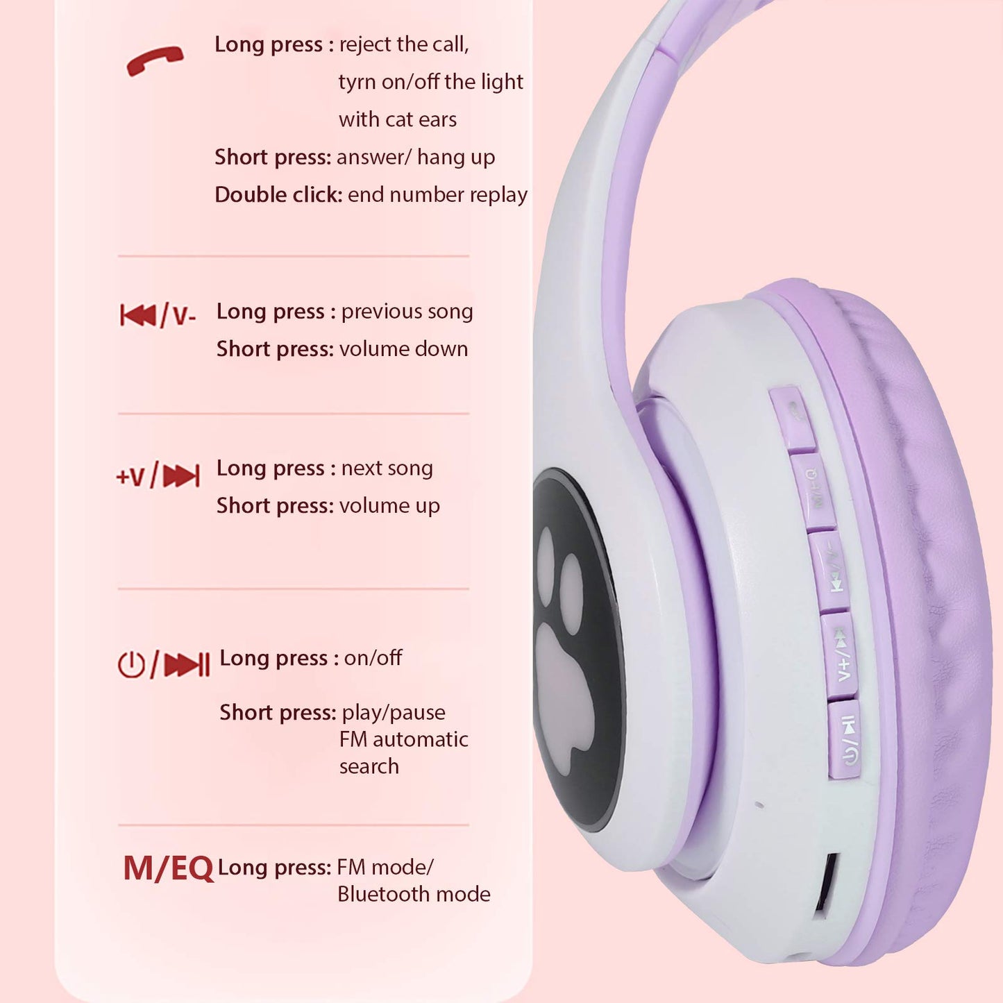 TCJJ Bluetooth 6.0 Cat Ear Kids Headphones for Girls, LED Light Up, 85dB Safe Volume Limit, Stereo Sound Toddler Foldable Wireless & 3.5mm Wired…