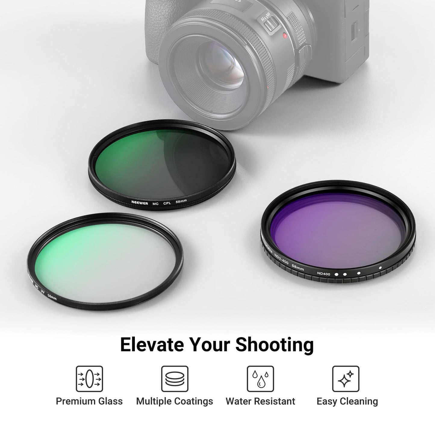 NEEWER 58mm Variable ND + CPL + UV Filter Kit (3 Pack), Multicoated Neutral Density (ND2-400) Circular Polarizer Camera Lens Polarizing Filter