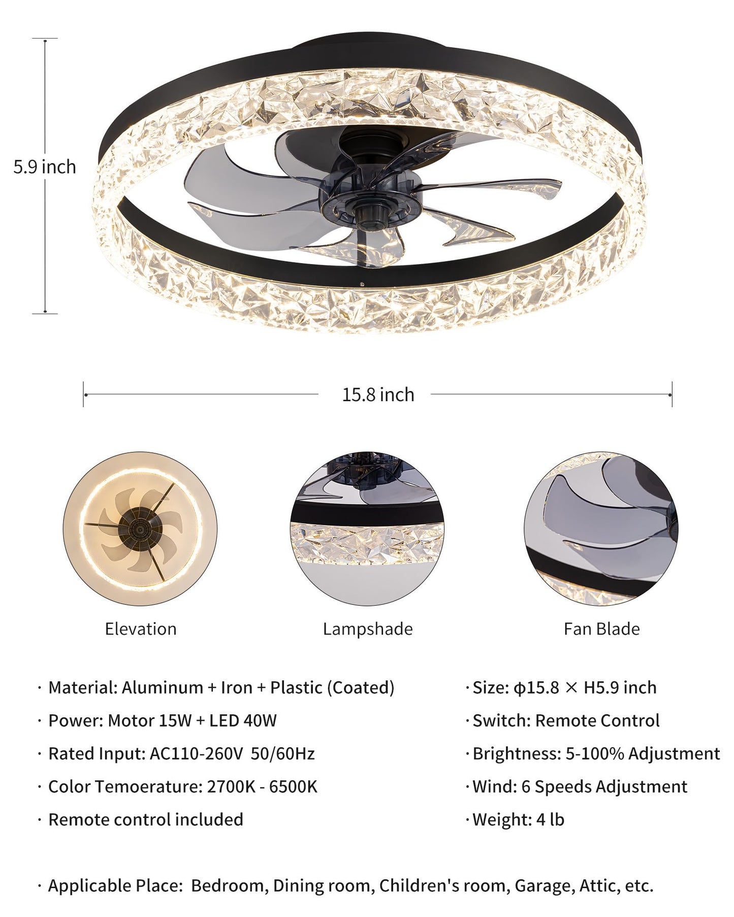 KDG 15.8" Black Low Profile Ceiling Fans with Light, Bedroom Fan Lighting