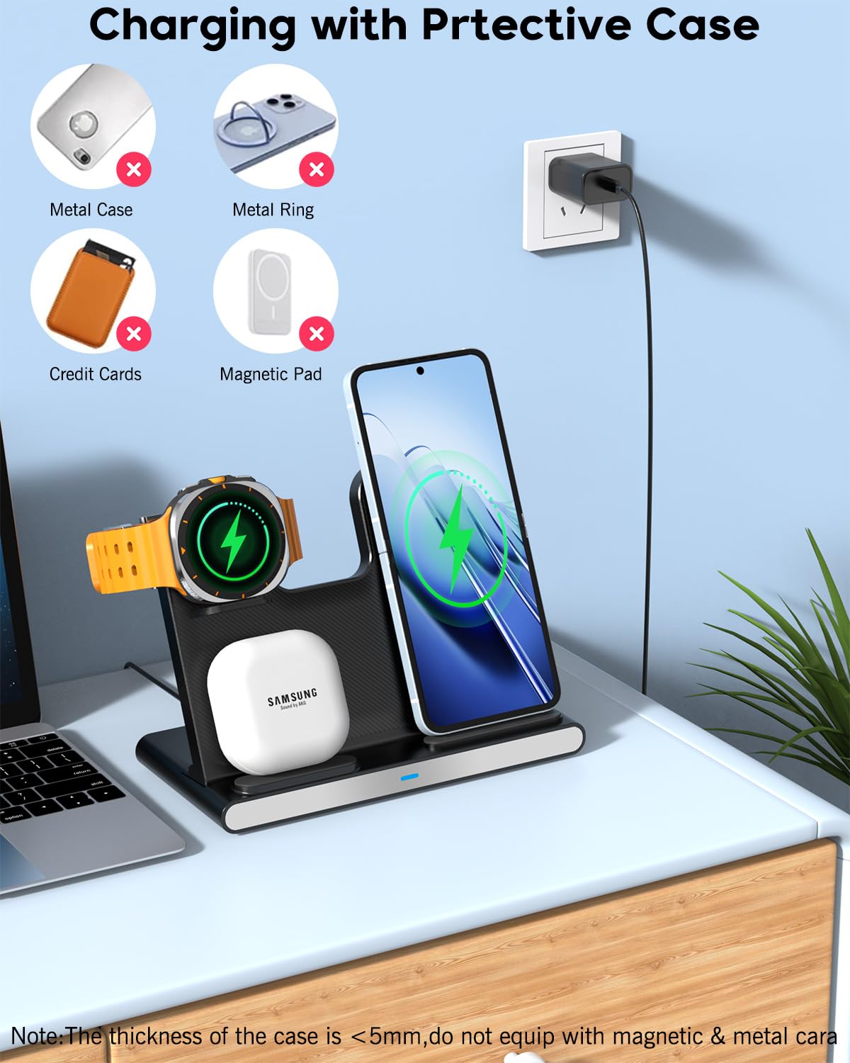 3 in 1 Wireless Charger Fast Charging Stand for Samsung, 15W Foldable Phone Charger Stand Android Charging Station for Samsung Galaxy S25/S24/S23