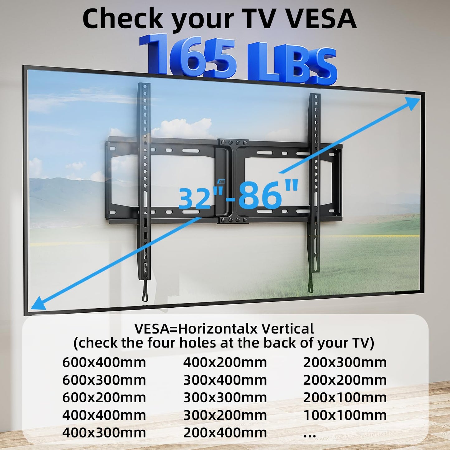 HOME VISION Heavy Duty Fixed TV Wall Mount for Most 32-86 Inch Flat TVs, Max VESA 600X400mm up to 165lbs Fits 16/18/24 Inch Wood Studs, Universal Low