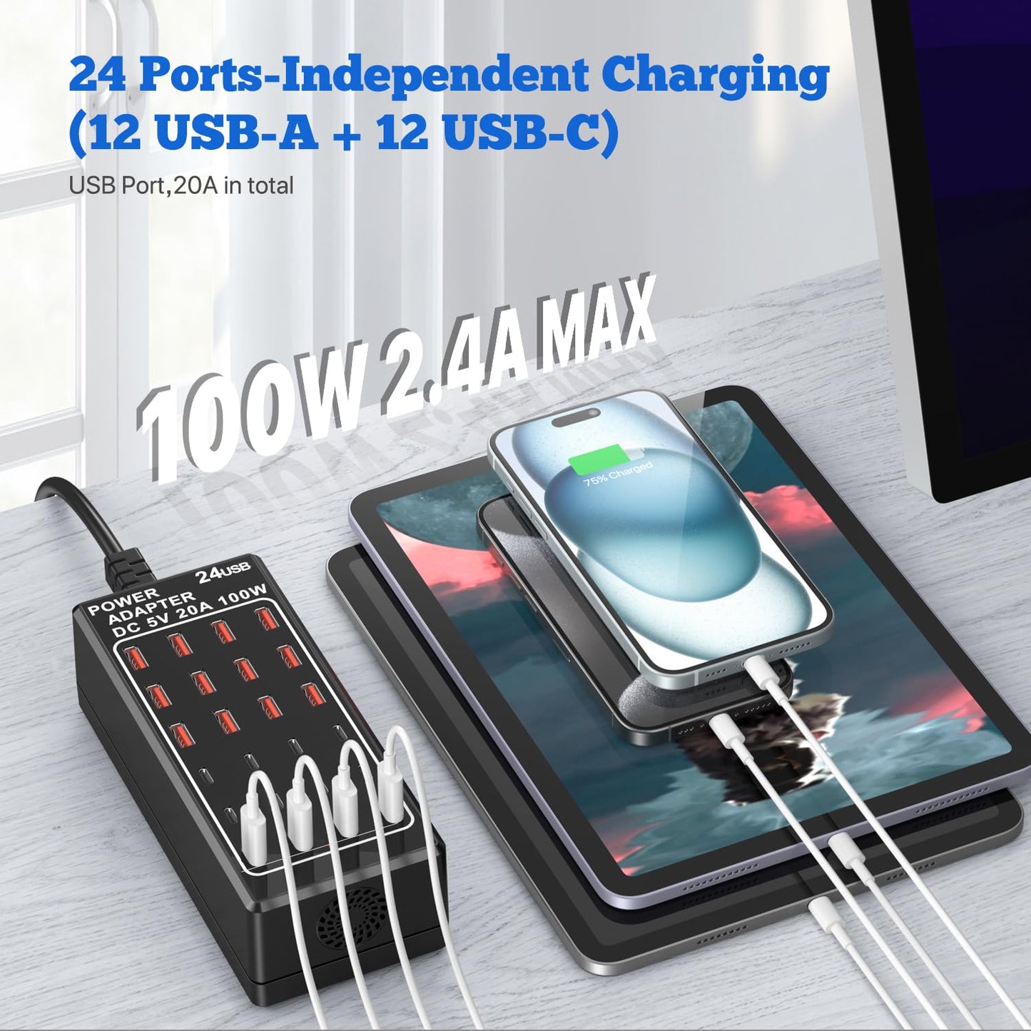 USB Charging Station Block, USB C Charger Station 24-Port 100W(20A), USB A Charger Block, Fast Charger Desktop Station, Multi-Function Smart Charger