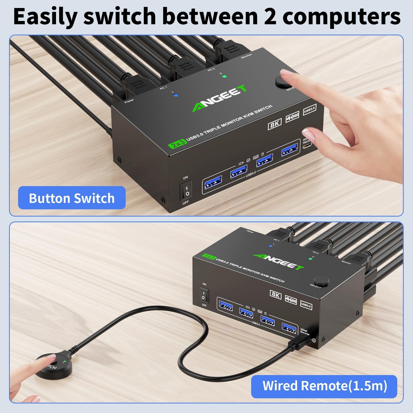 KVM Switch 3 Monitors 2 Computers 8K@60Hz 4K@144Hz, USB 3.0 Triple Monitor KVM Switch with 4 USB 3.0 Ports, 2*Displayport+1*HDMI in,3*HDMI Out,Wired