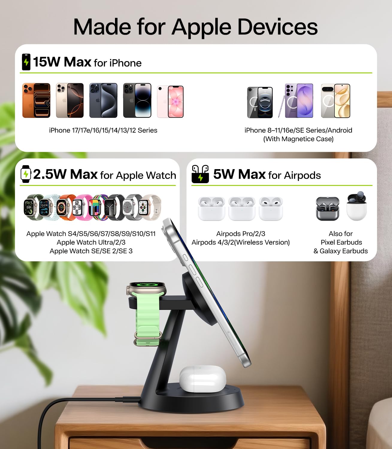3 in 1 Charging Station for Apple Devices, 15W Fast Wireless Charger Compatible with MagSafe Charging Stand for iPhone 17 16 15 14 13 12 Series, Watch