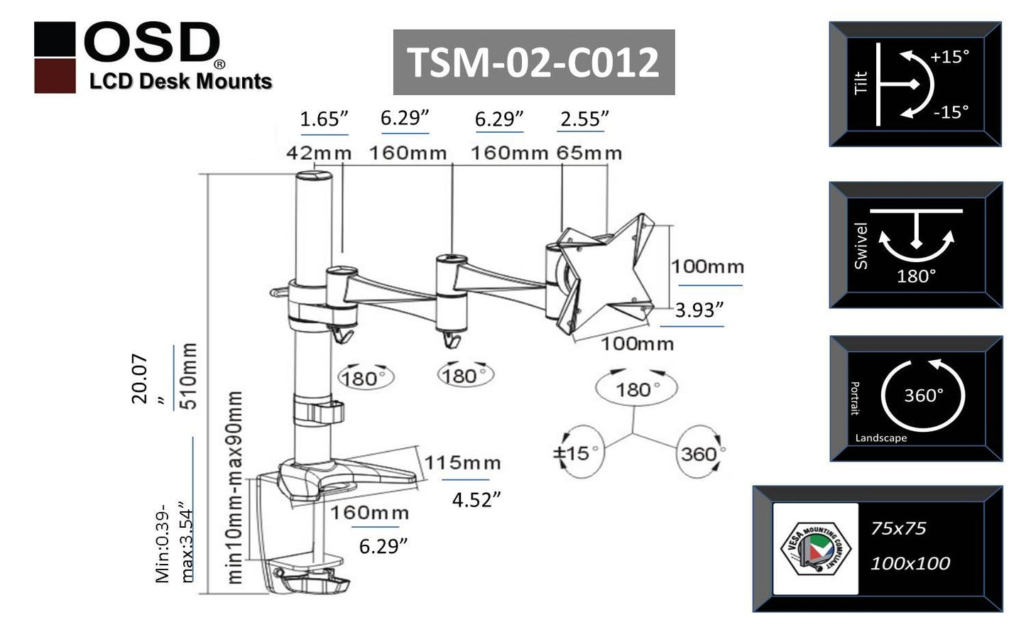 OSD Audio TSM-02-C012 Single Arm Extended Desk Mount for 13-inch to 23-inch Monitor