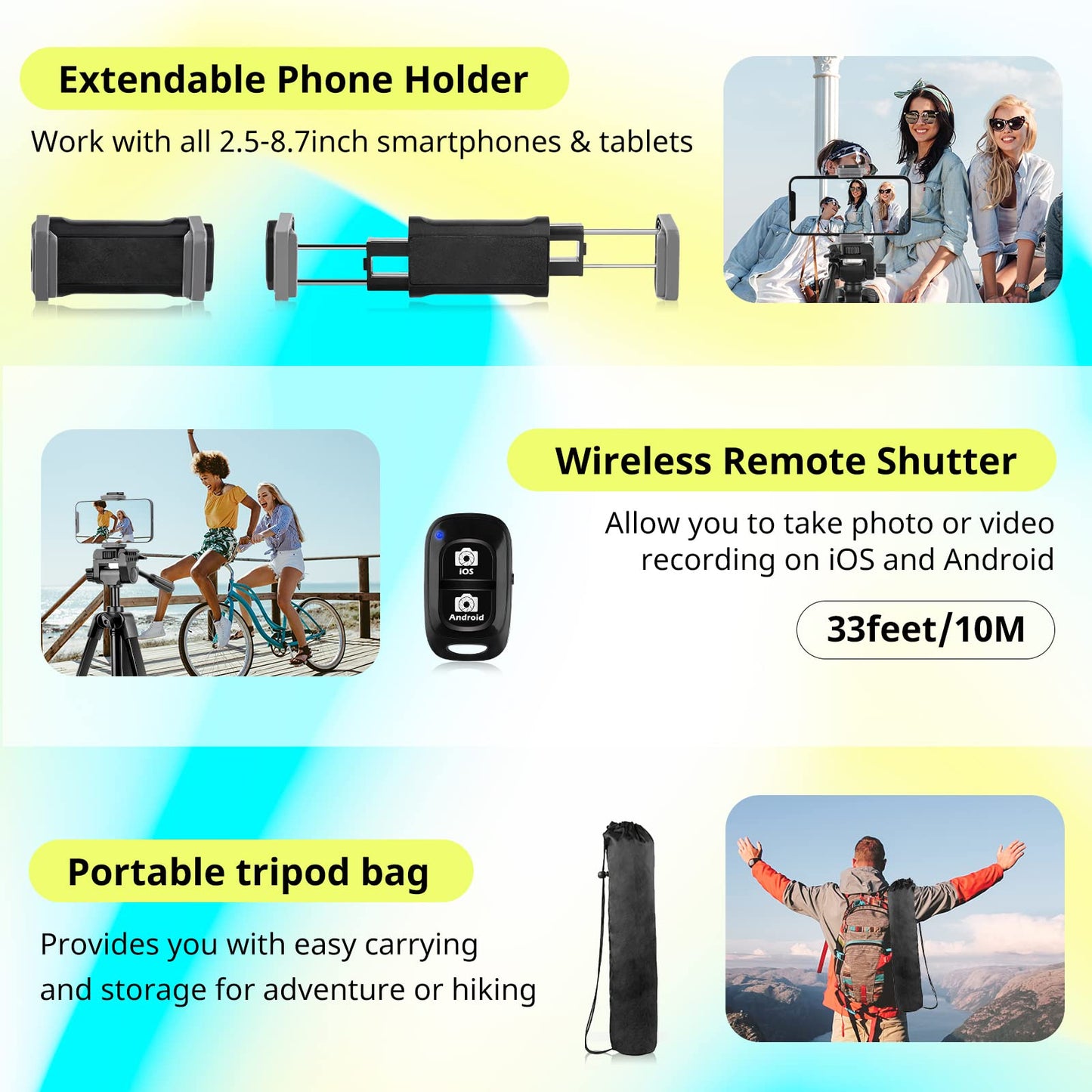 Sensyne 64" Camera Tripod Stand, Versatile Phone & iPad Tripod with Wireless Remote and 2-in-1 Phone Holder for Selfie/Video Recording/Photo/Live