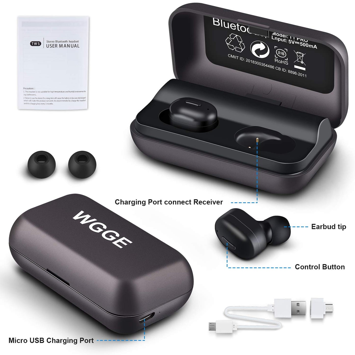 WGGE T1-Pro Bluetooth 5.0+EDR Wireless Earbuds sweat-proof TWS Stereo Headphones in Ear Built in Mic Headset Premium Sound with Deep Bass and Fast…