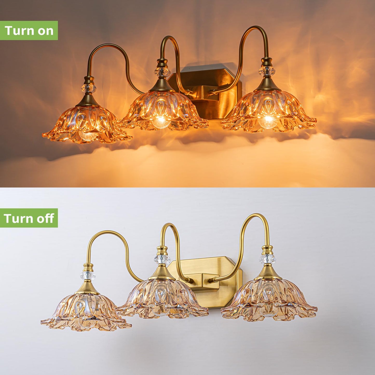 YOGIRL Vintage Gold Bathroom Vanity Light, 3-Lights Matte Antique Brass Finish with Flower Shaped Amber Glass Shades Light Fixture for Bathroom