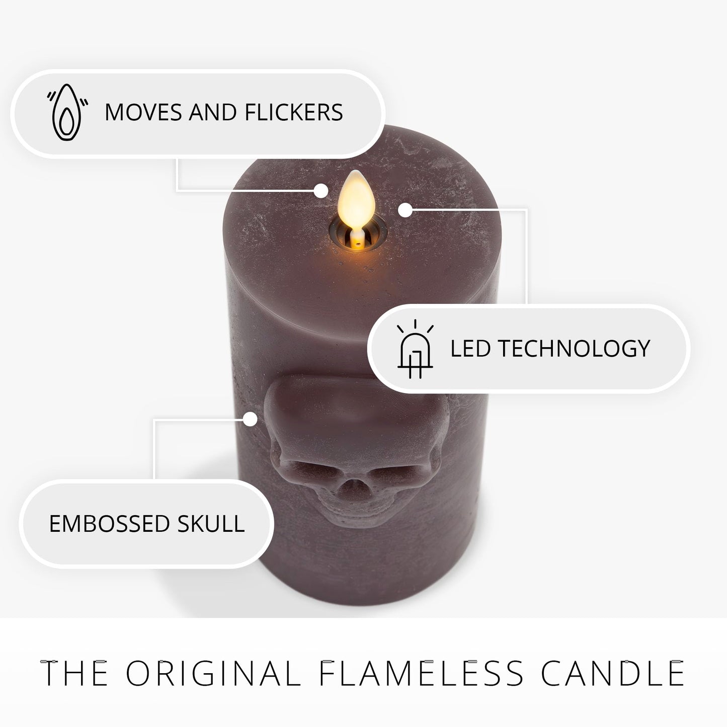 Luminara Chalky Skull LED Candle, Dark Chocolate, Moving Flame, Gothic Halloween Decor, Battery Operated Flameless Unscented Wax Timer Indoor