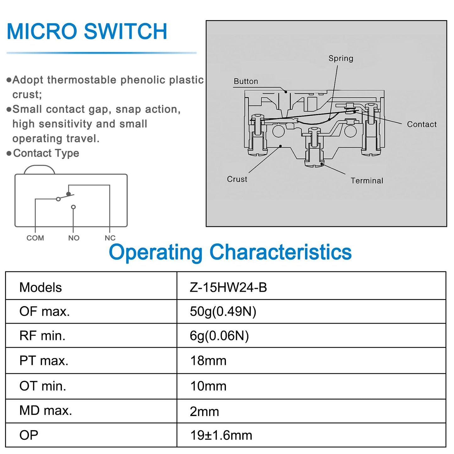 Heschen Micro Switch Z-15HW24-B Low Force Hinge Lever 3 Screw Terminal 15A Rated Current
