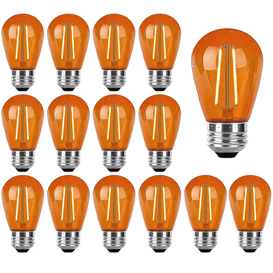 15 Pack S14 Orange LED Bulb - 2W Plastic Shatterproof E26 Base Night Light for String Lights - Waterproof Vintage Bulb for Halloween, Christmas