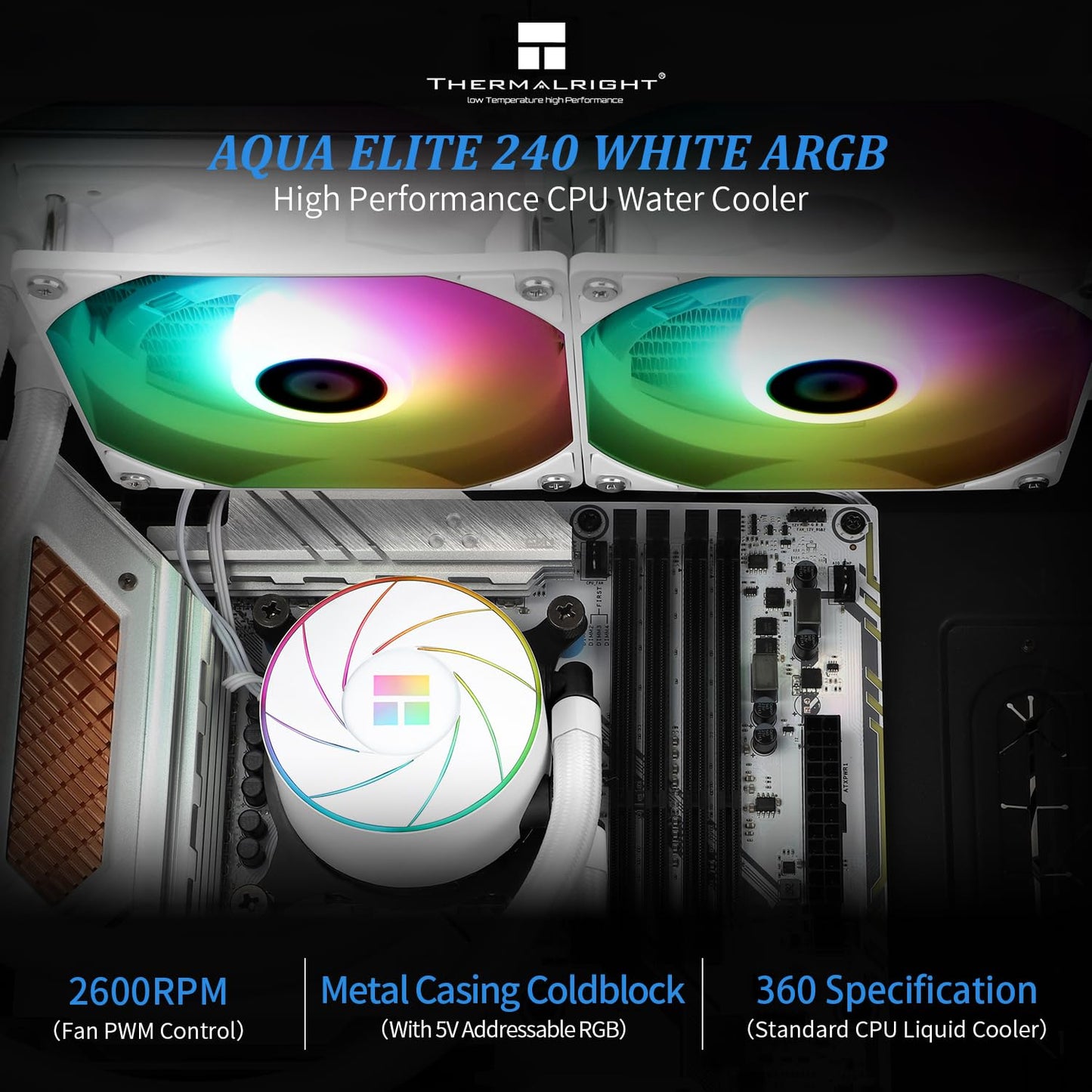 Thermalright Aqua Elite 240 White ARGB Liquid CPU Cooler, 240 Cooling Row Size, Double PWM Fans,1550RPM Speed,for AMD/AM4/AM5,Intel
